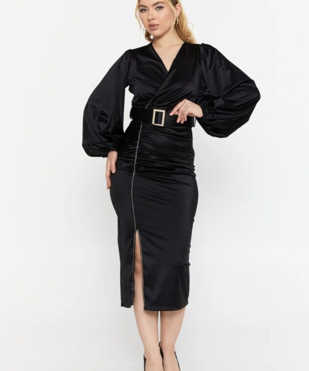 Long Sleeve Midi Satin Column Regular Evening Dress