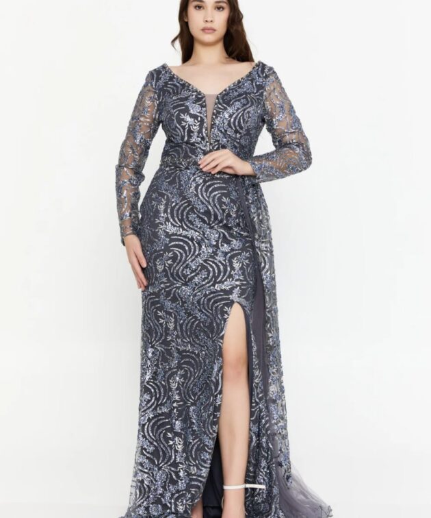 Long Sleeve Maxi Tulle Mermaid Plus Size Wedding Guest Dress