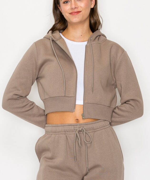 Cropped Fleece Zip Up Hoodie