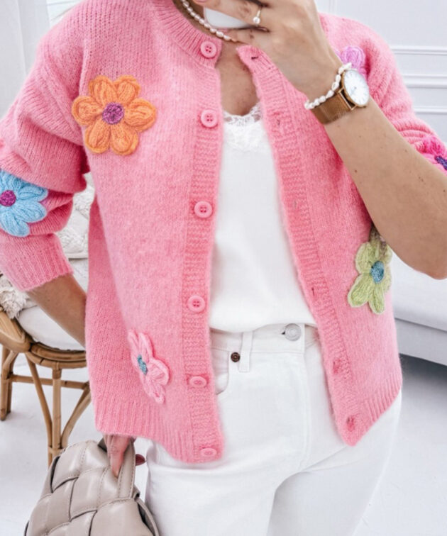 Pink Cute Knitted Floral Pattern Button Up Cardigan