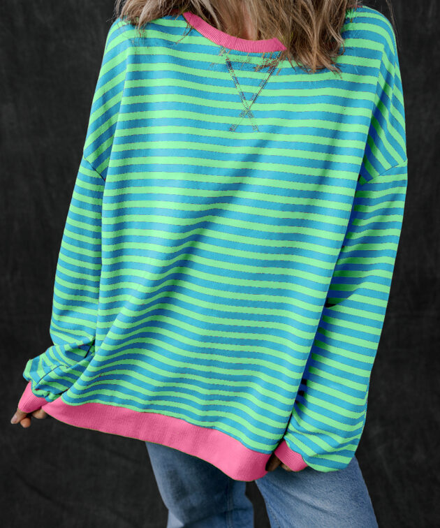 Sky Blue Stripe Oversized Contrast Trim Pullover Sweatshirt