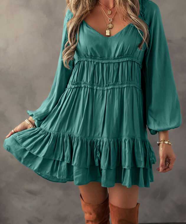Mist Green Tiered Ruffled Puff Sleeve Loose Fit Mini Dress