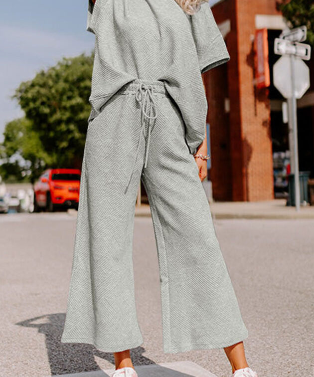 Gray Textured Loose Fit T Shirt and Drawstring Pants Set