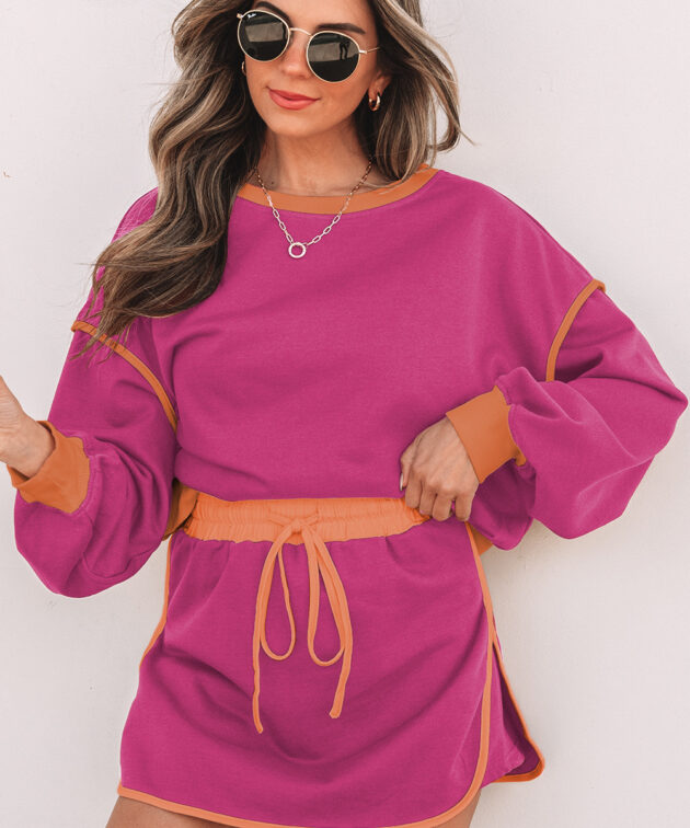 Rose Red Color Contrast Loose Pullover and Lace-up Waist Skort Set