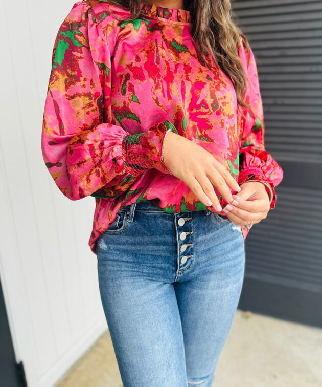 Rose Abstract Print Frilly Neckline Puff Sleeve Blouse