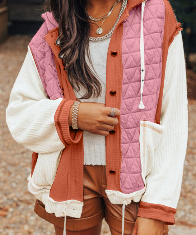 Coral Quilted Textured Patchwork Loose Fit Hooded Jacket
