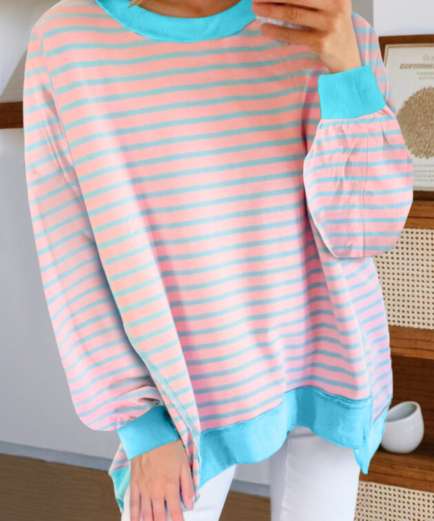 Pink Stripe Contrast Trim High Low Pullover Tunic Sweatshirt