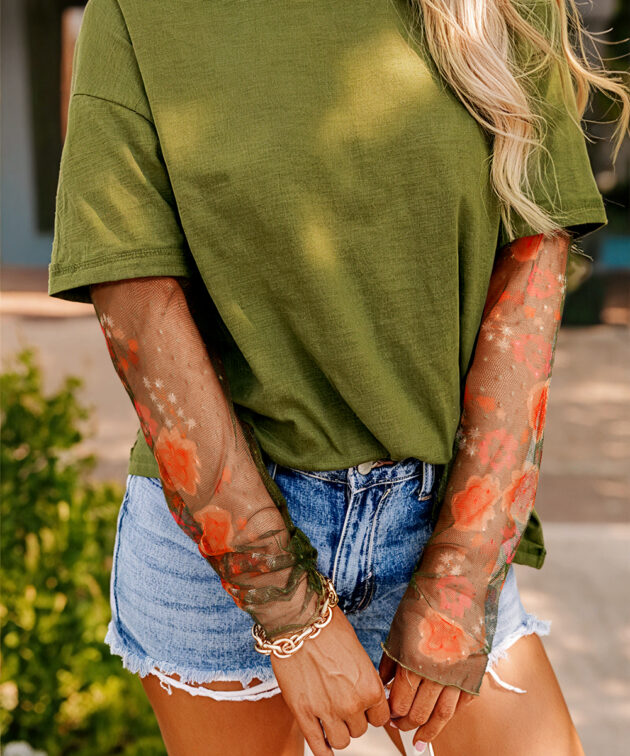 Fern Green Faux Two Piece Floral Long Sleeve Patchwork Tee