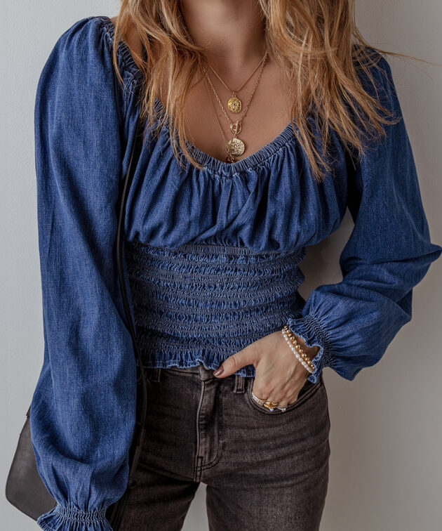 Dark Blue Smocked Ruffled Puff Sleeve V Neck Denim Blouse