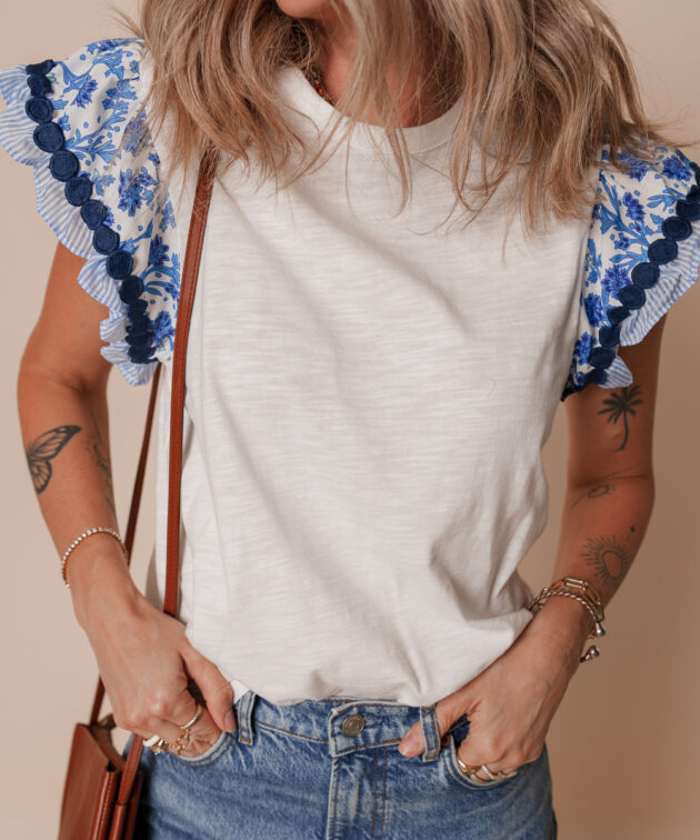 Blue Ricrac Trim Printed Flutter Sleeve Contrast Patchwork Blouse