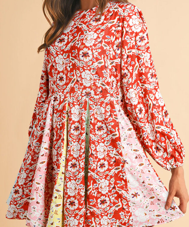 Red Colorful Floral Patchwork Long Sleeve Pleated Mini Dress