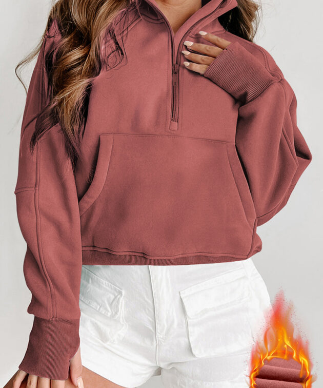 Brown Fleece Lined Zip Up Stand Collar Thumbhole Sleeve Sweatshirt