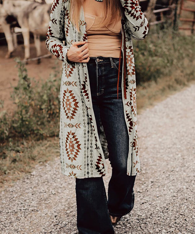 Brown Western Aztec Printed Open Front Long Cardigan