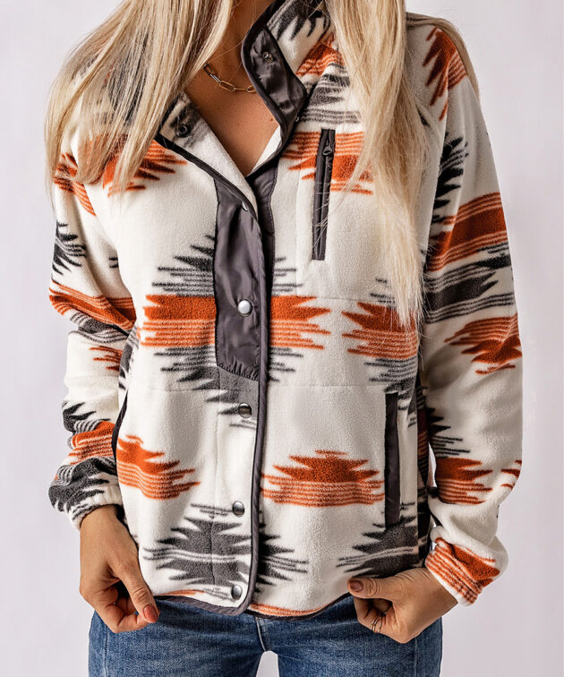 Gray Western Aztec Snap Buttoned Fleece Jacket