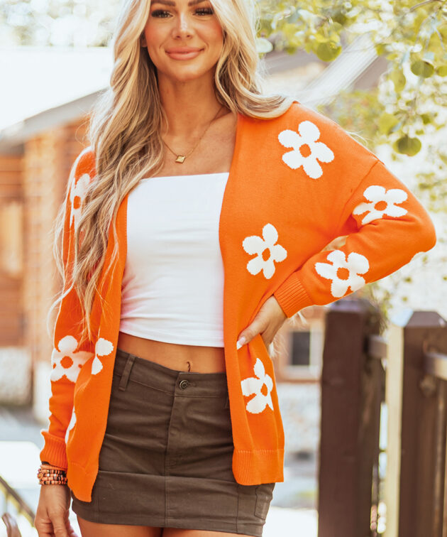 Orange Floral Print Knitted Open Front Loose Cardigan