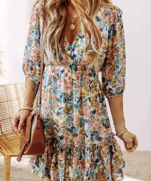 Sky Blue Floral 3/4 Sleeve V Neck High Waist Ruffled Dress