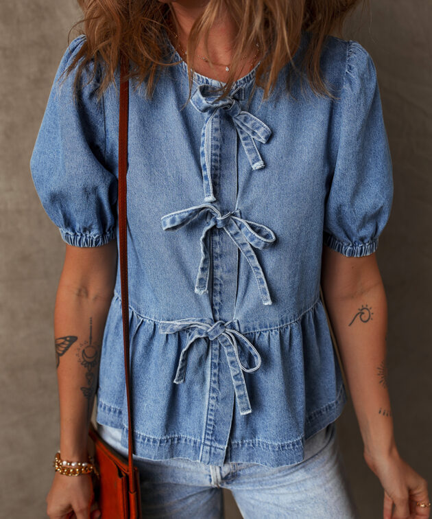 Dusk Blue Tied Front Bubble Sleeve Peplum Denim Shirt