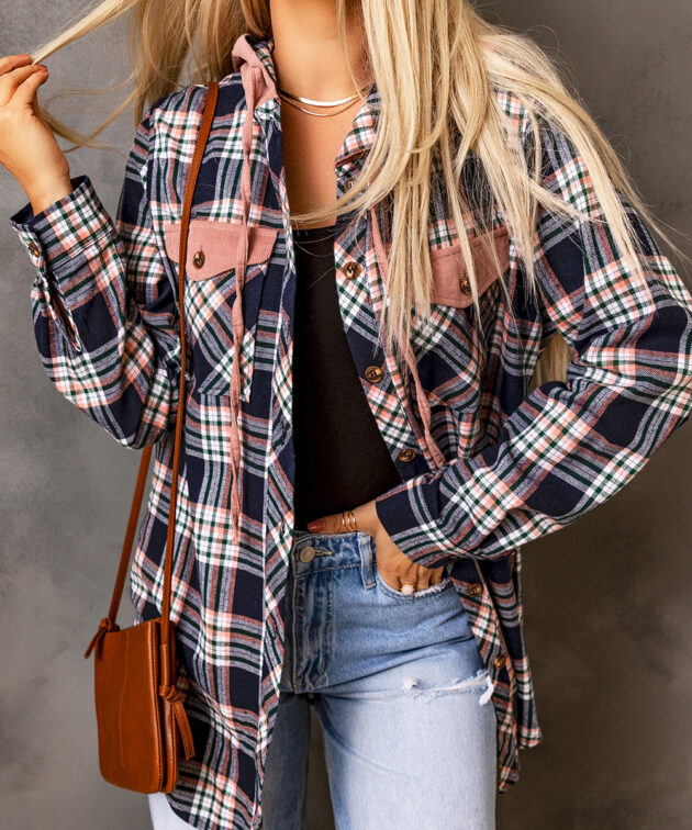 Pink Contrast Hooded Drawstring Plaid Shacket