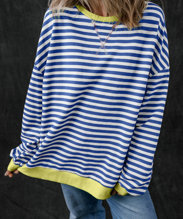 Blue Stripe Oversized Contrast Trim Pullover Sweatshirt