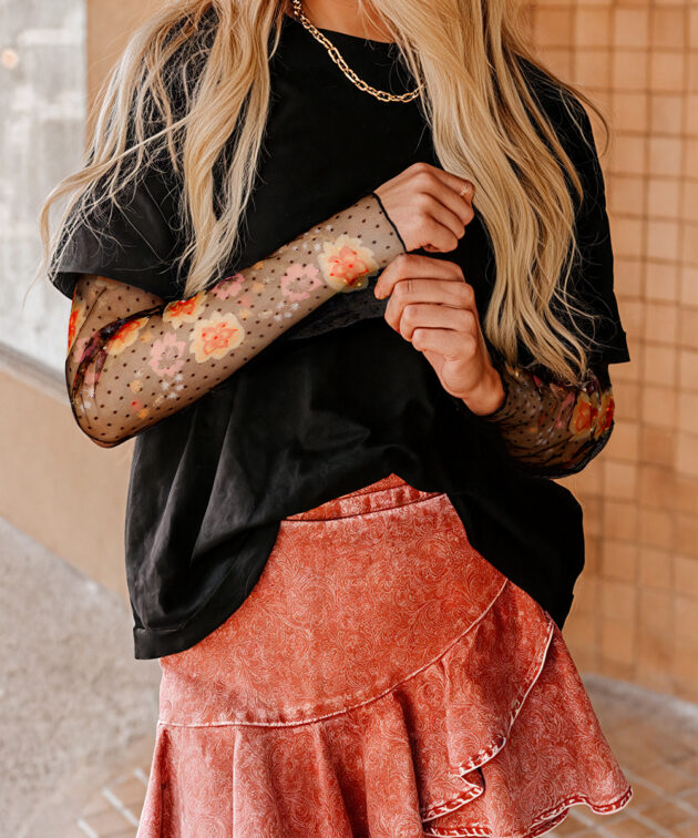 Black Faux Two Piece Floral Long Sleeve Patchwork Tee