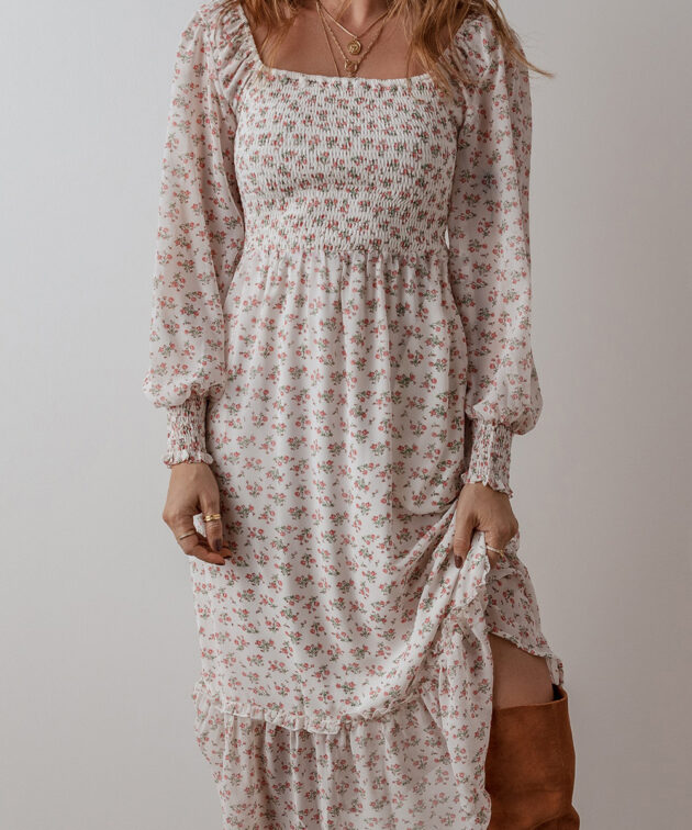 White Floral Print Shirred Ruffled Hem Square Neck Midi Dress