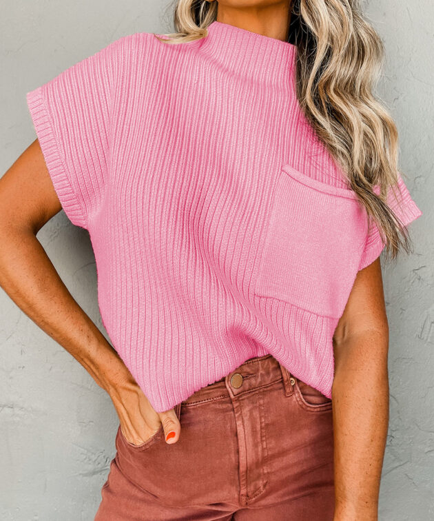 Pink Patch Pocket Ribbed Knit Short Sleeve Sweater