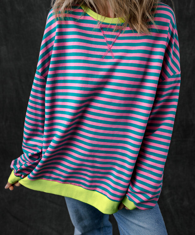 Green Stripe Oversized Contrast Trim Pullover Sweatshirt