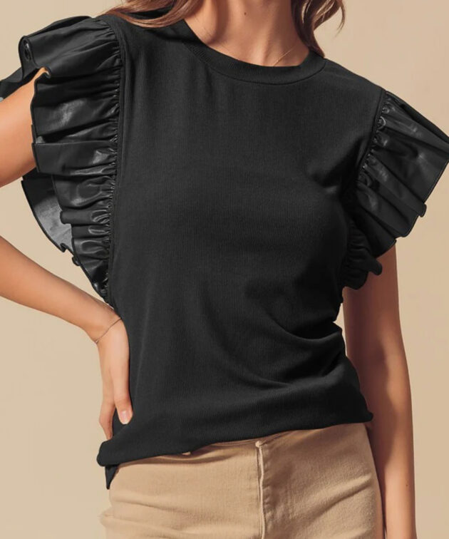 Black Leather Ruffle Sleeve Patchwork Round Neck Blouse