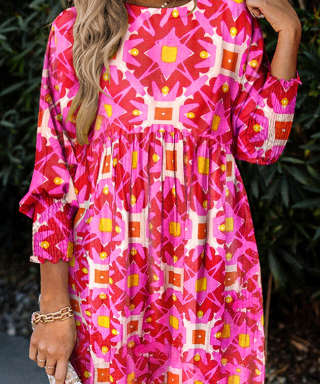 Strawberry Pink Geometric Print Smocked Long Sleeve Mini Dress