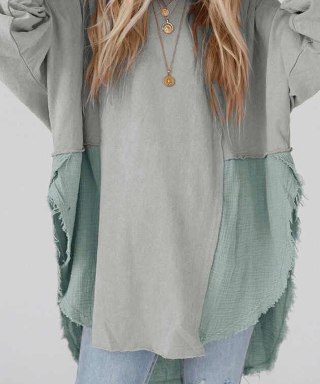 Grey Crinkle Splicing Raw Hem High Low Oversized Blouse