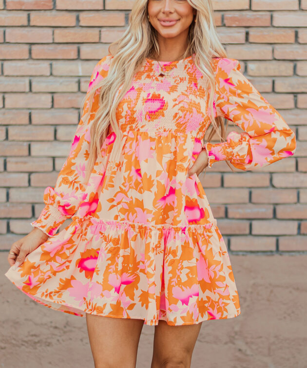Orange Abstract Print Smocked Lantern Sleeve Ruffle Mini Dress