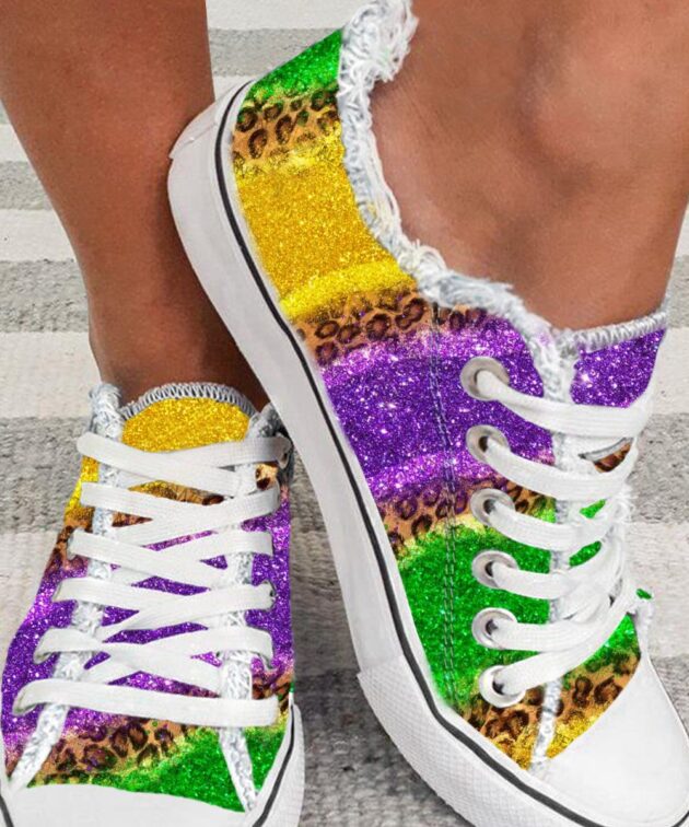 Multicolor Leopard Color Block Lace-up Canvas Shoes