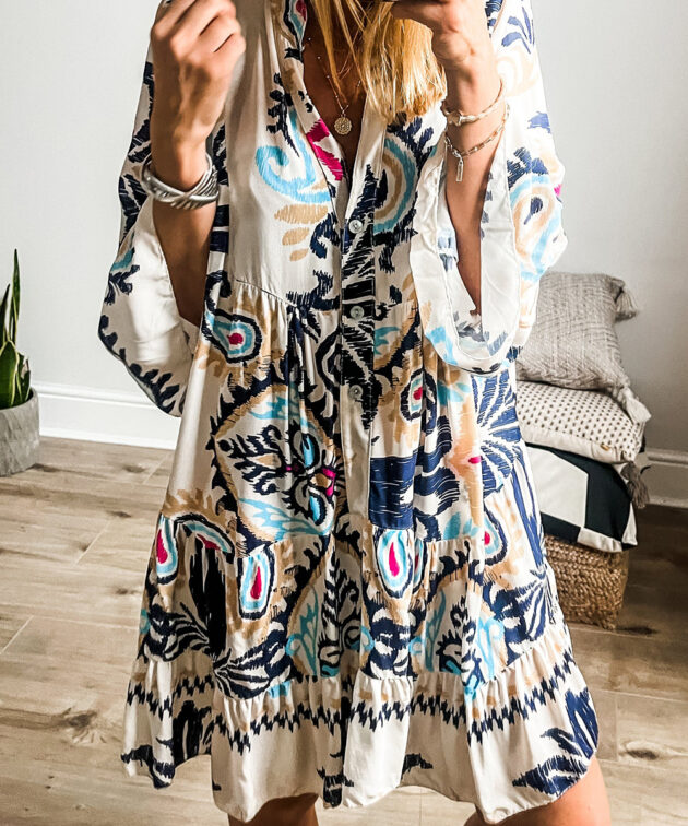 White Printed Tribal Bracelet Sleeve Buttoned Mini Dress