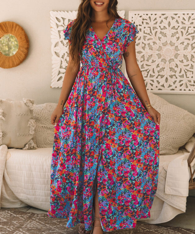 Blue Floral Print V Neck Wrap Split Maxi Dress