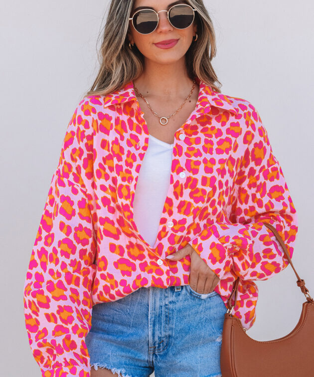 Rose Leopard Printed Button Up Loose Shirt