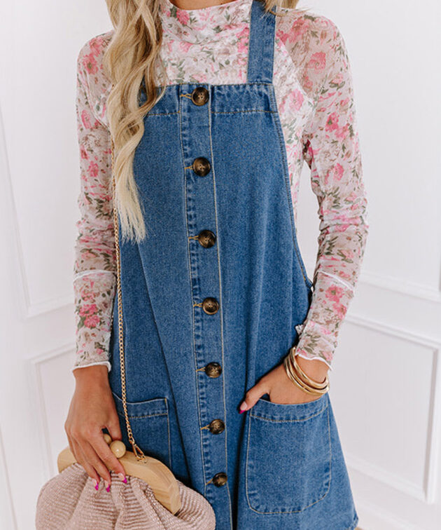 Dusk Blue Wide Strap Button Front Pocketed Denim Mini Dress