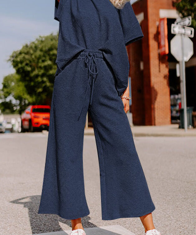 Navy Blue Textured Loose Fit T Shirt and Drawstring Pants Set