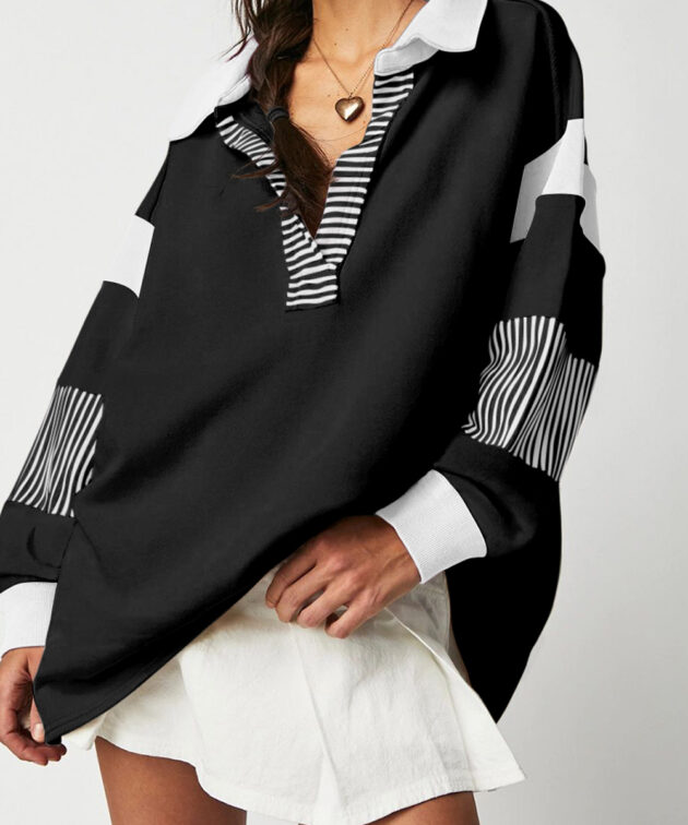 Black Striped Colorblock Patchwork Collar Sweatshirt