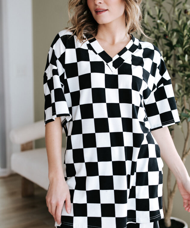 Black Checkerboard Print V Neck Loose Tee and Shorts Lounge Set