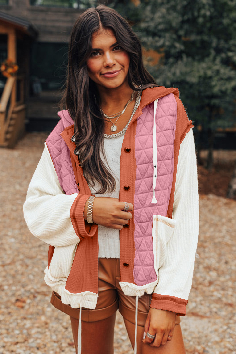 Coral Quilted Textured Patchwork Loose Fit Hooded Jacket - Tannaz