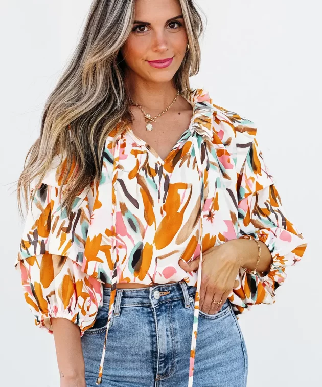 Yellow Abstract Print Drawstring Frilled V Neck 3/4 Sleeve Blouse