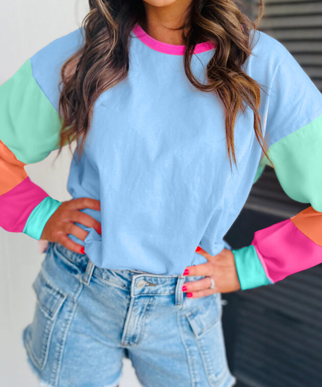 Dark Blue Colorblock Patchwork Long Sleeve Loose Top