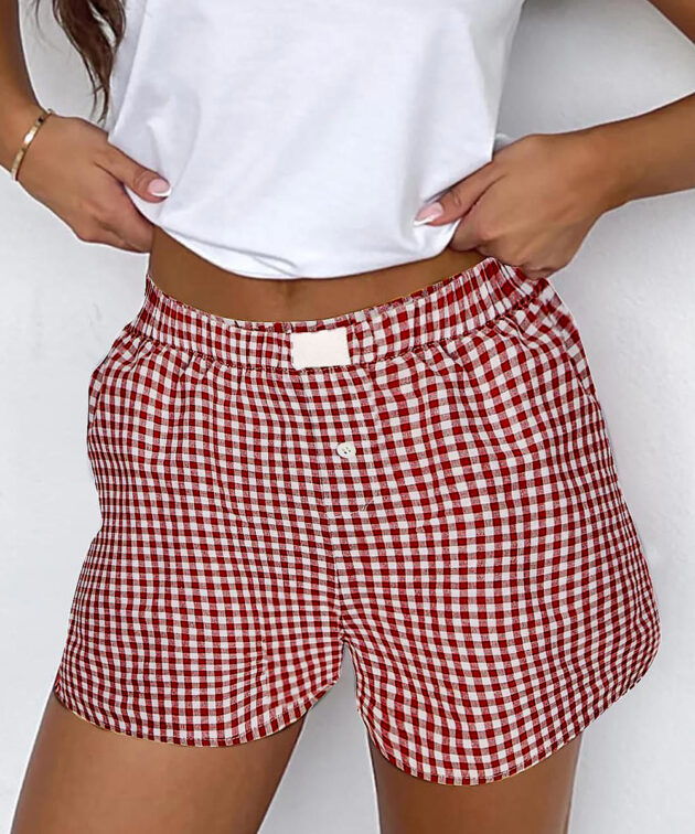 Red Plaid Gingham Printed High Waist Shorts