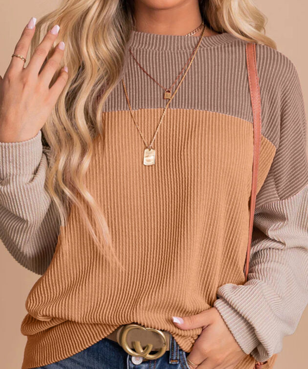 Khaki Color Block Long Sleeve Ribbed Loose Top