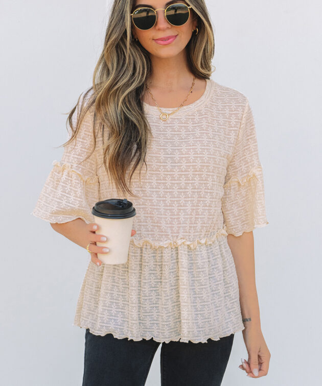 Beige Solid Color Textured Ruffled Short Sleeve Blouse