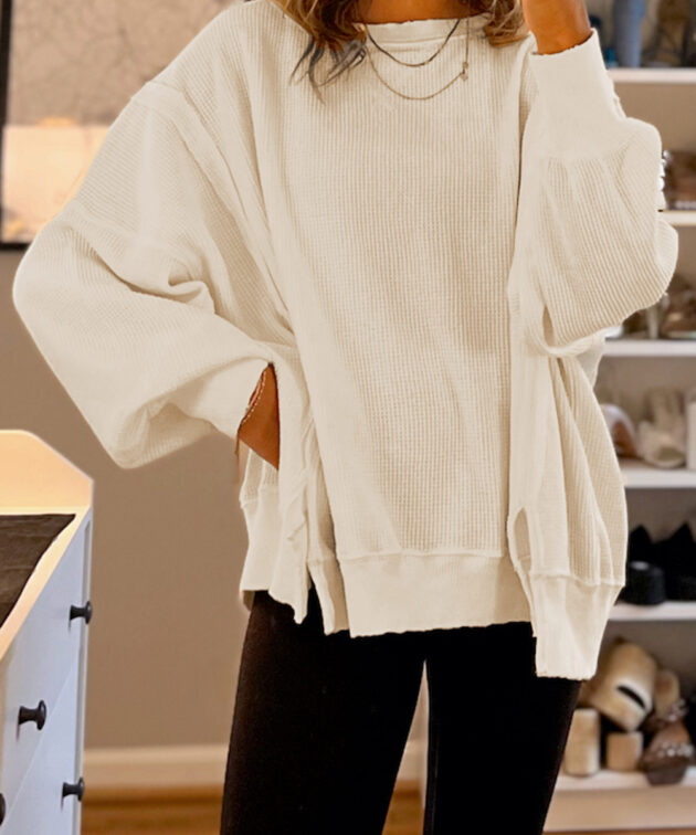 White Waffle knit Bishop Sleeve Split Oversized Top