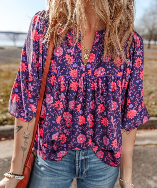 Purple Floral Half Sleeve Split Neck Blouse Top