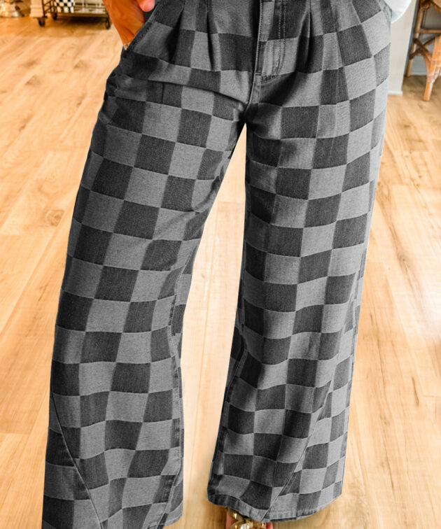 Dark Grey Checkered Denim Wide Leg Jeans