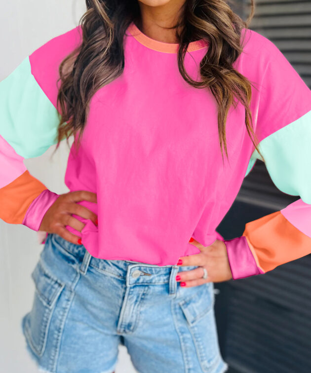 Rose Red Colorblock Patchwork Long Sleeve Loose Top