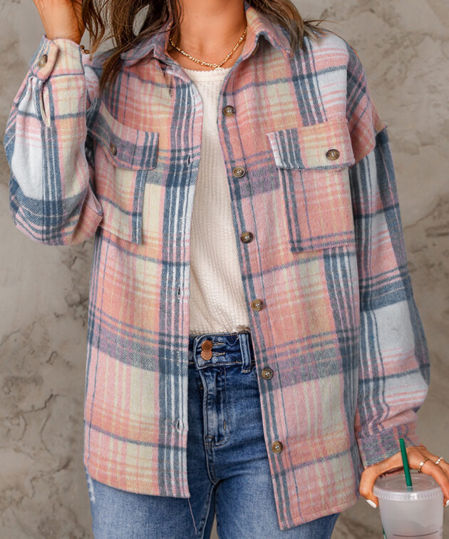 Pink Black/Pink Plaid Flap Pockets Shacket